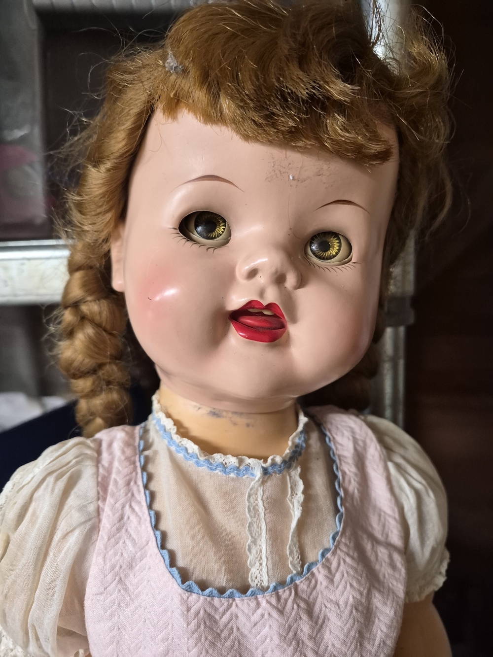 Vintage Mid Century Pink Dress Girl Doll with Braided Hair